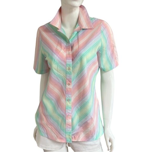 KILLER Vintage 1970s Pastel Rainbow Stripe Button Down Blouse - Picture 1 of 11
